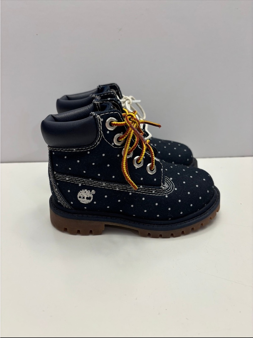 Timberland Kids Navy Polka Dot Hiking Boots with Brown Sole